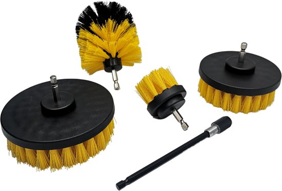Diverse ronde en kegelvormige schrobborstels met gele borstels en zwarte bases, met een verlengstuk.