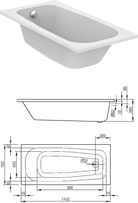 Sanifun inbouw ligbad Scott 1400 x 700