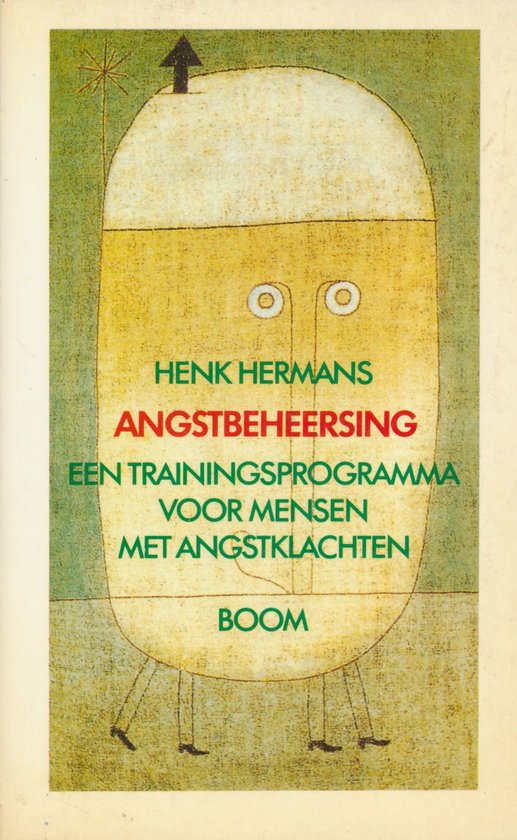 Boek 'Angstbeheersing' van Henk Hermans, een trainingsprogramma voor mensen met angstklachten. Abstracte illustratie van een figuur met een gele kop en ogen.