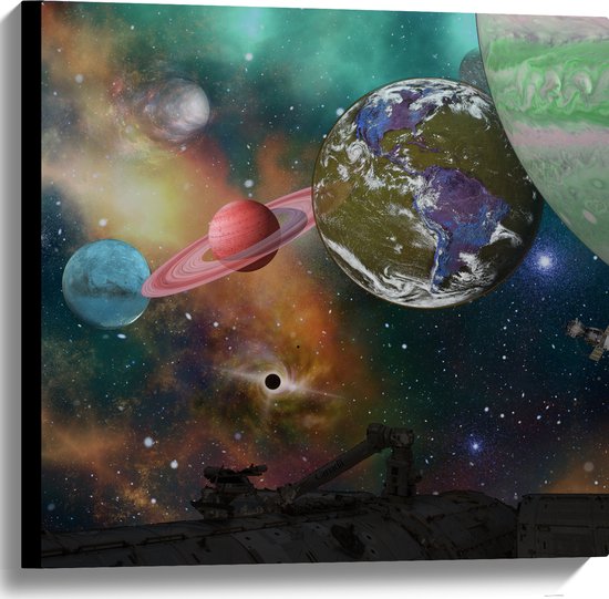 Canvas - Alle Planeten van het Universum vanaf Ruimteschip - 60x60 cm Foto op Canvas Schilderij (Wanddecoratie op Canvas)