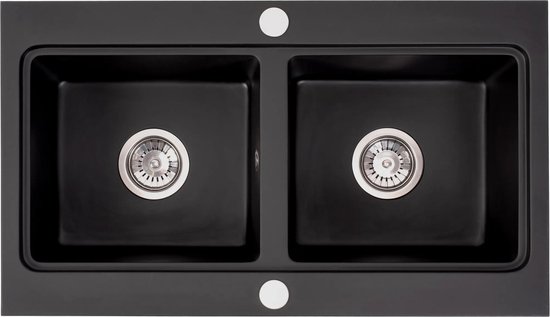 Lorreine 3434BQ-FU-Inox Luxe Dubbele Keukenspoelbak Graniet Zwart Met Korfplug RVS 34 X 40 34 X 40 Vlakbouw Of Onderbouw