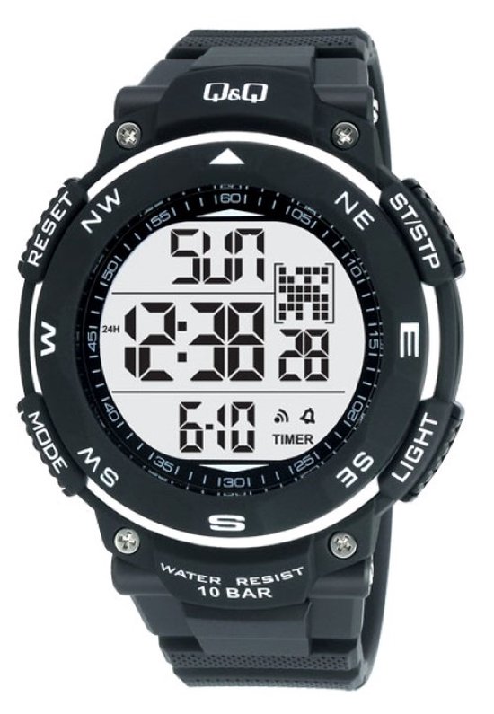 Q&Q-Heren-Horloge-Digitaal-Waterdicht-10BAR-Zwemmen/Sporten-Rubber-Backlight-Stopwatch-Dual Time-Countdown Timer-5 alarmen in te stellen-42MM-Zwart/Zilver
