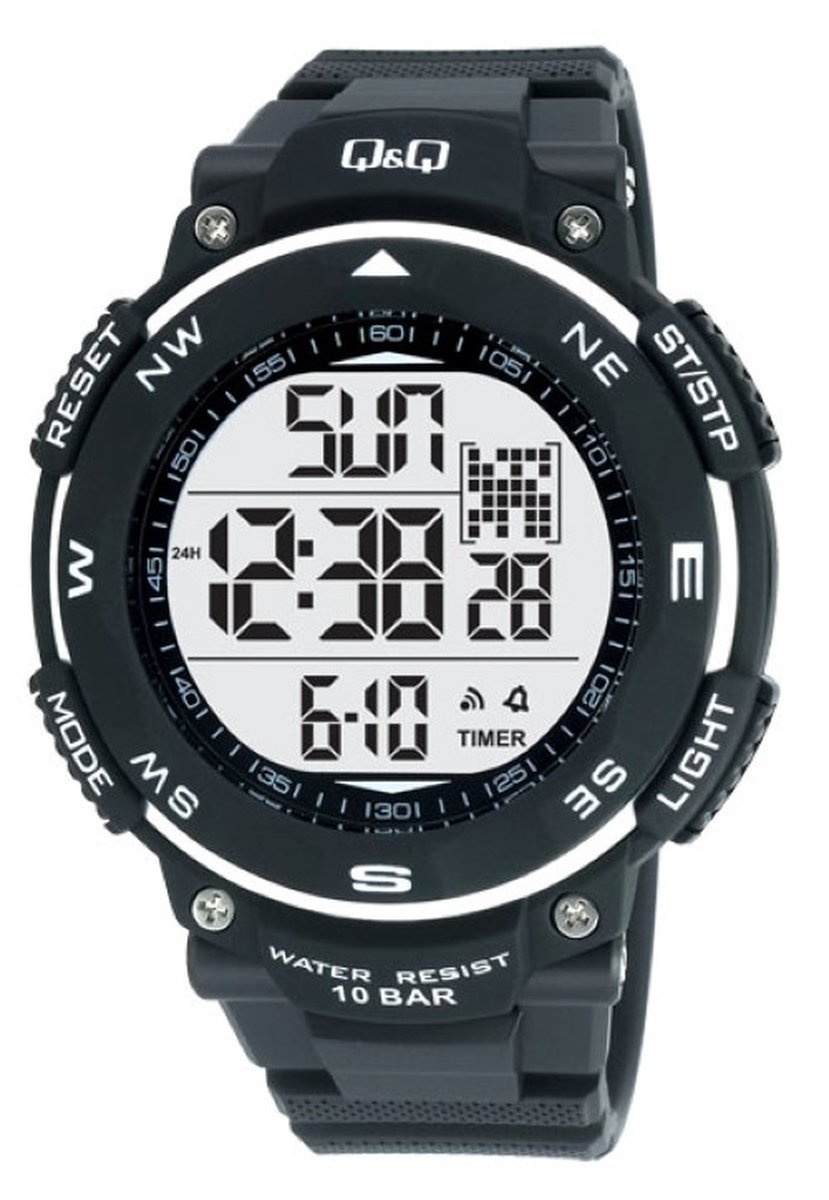 QQ-Heren-Horloge-Digitaal-Waterdicht-10BAR-Zwemmen-Sporten-Rubber-Backlight-Stopwatch-Dual Time-Countdown Timer-5 alarmen in te stellen-42MM-Zwart-Zilver