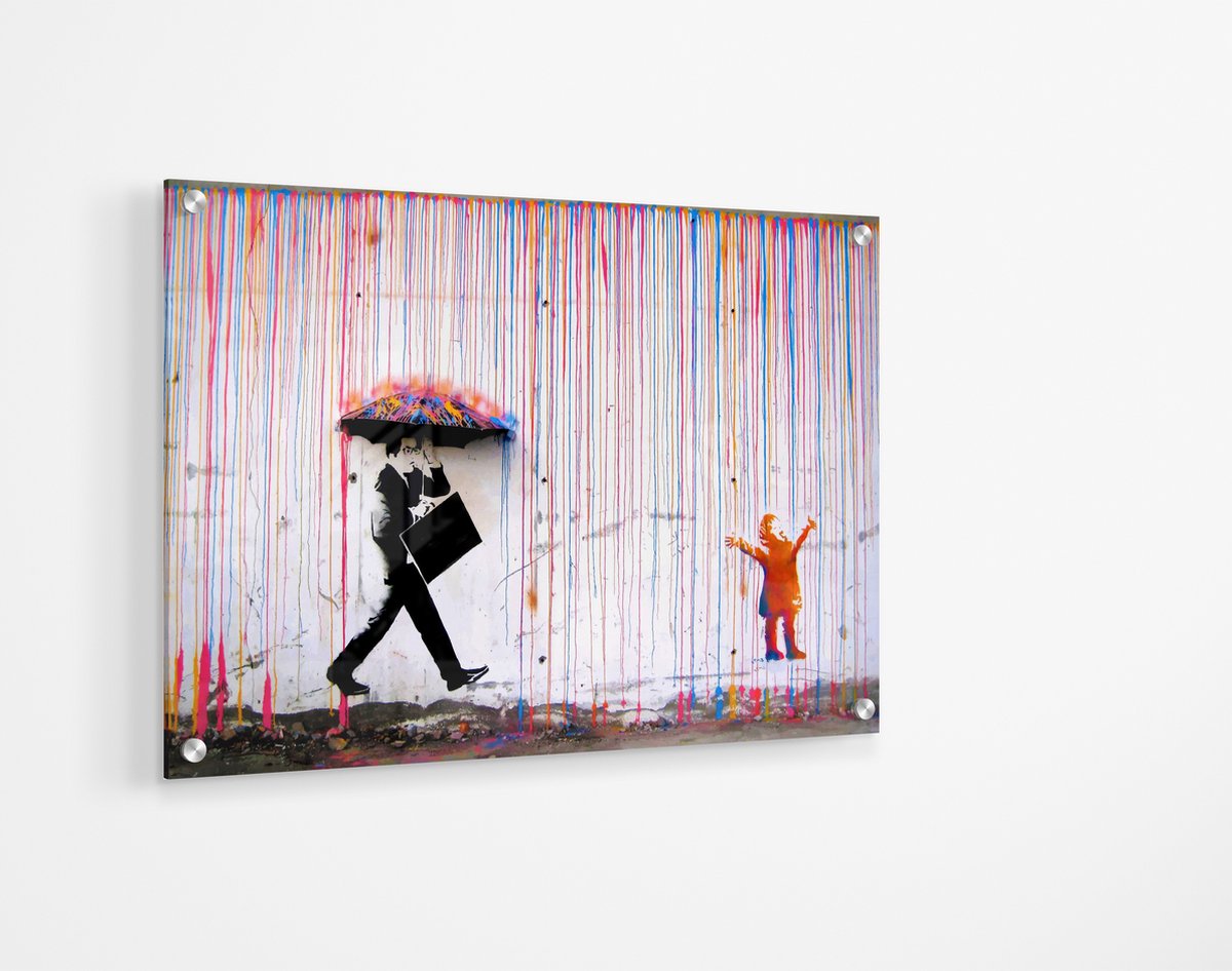 BANKSY Colorful Rainbow Umbrella, Dancing Girl - Kleurrijke Regenboog, Dansend Meisje - Acrylglas Perspex Plexiglas Print