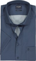 OLYMP modern fit overhemd - korte mouw - popeline - donker- en lichtblauw met wit blokjes dessin - Strijkvrij - Boordmaat: 38