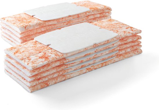 Twee stapels oranje en witte wegwerpdoeken voor Braava Jet.
