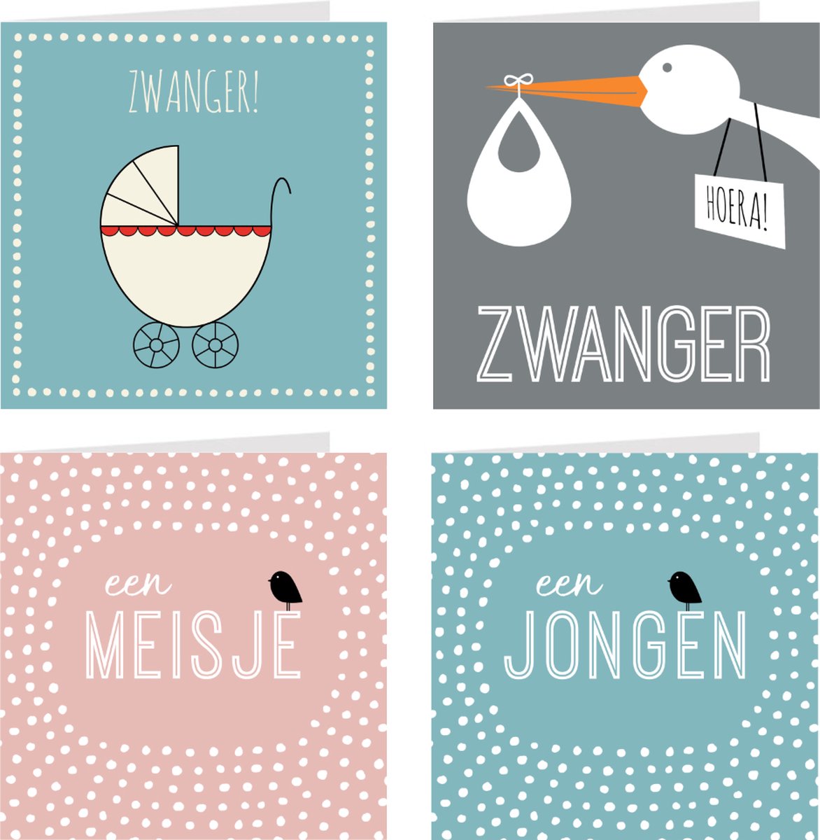 4x wenskaarten / set kaarten met enveloppen | Baby / Geboorte / Zwanger