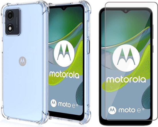Hoesje geschikt voor Motorola Moto E13 - Screen Protector GlassGuard - Back Cover Case ShockGuard Transparant & Screenprotector