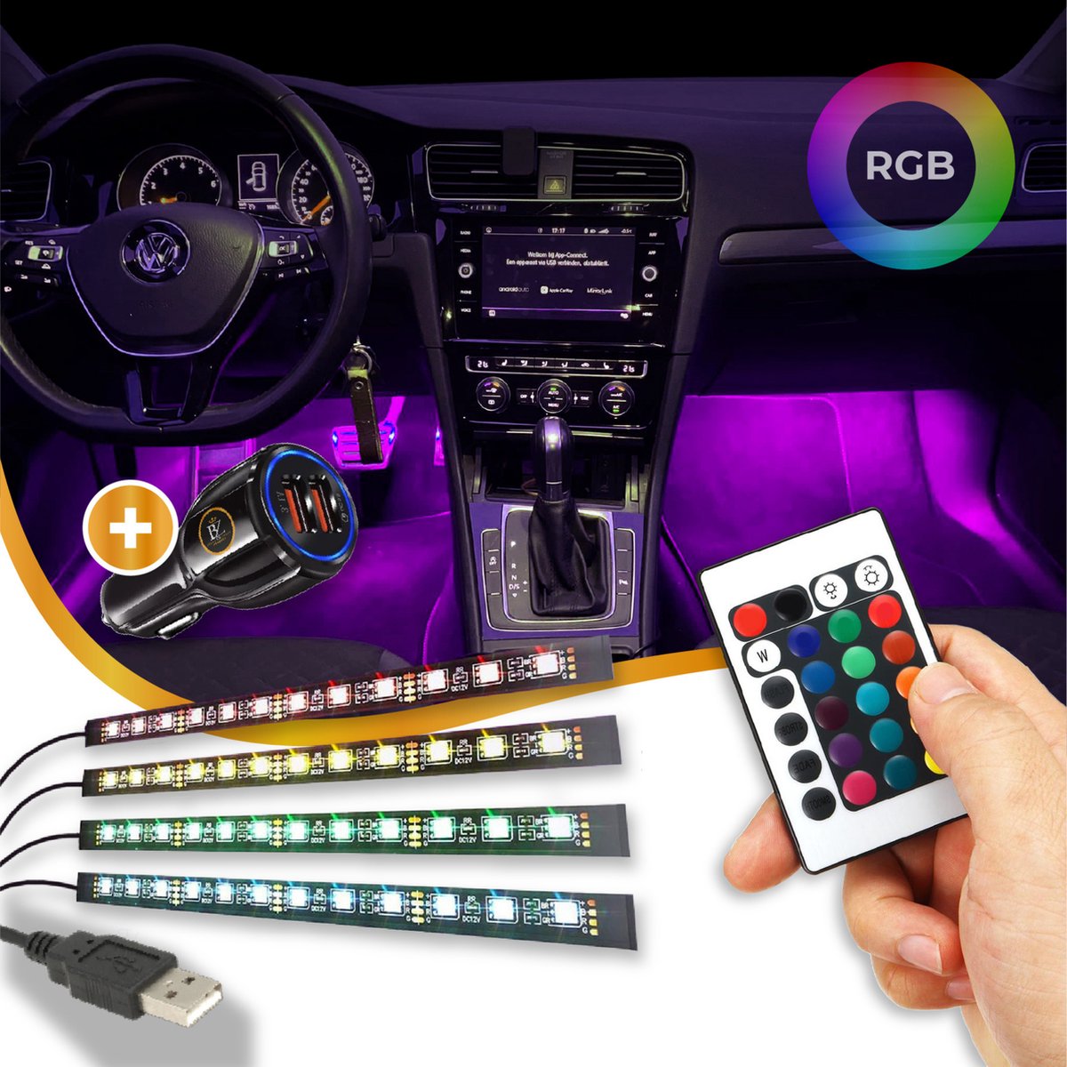 LED Auto Interieur, 5m LED Sfeerverlichting Auto USB Aansluiting, DC 12V  LED Auto
