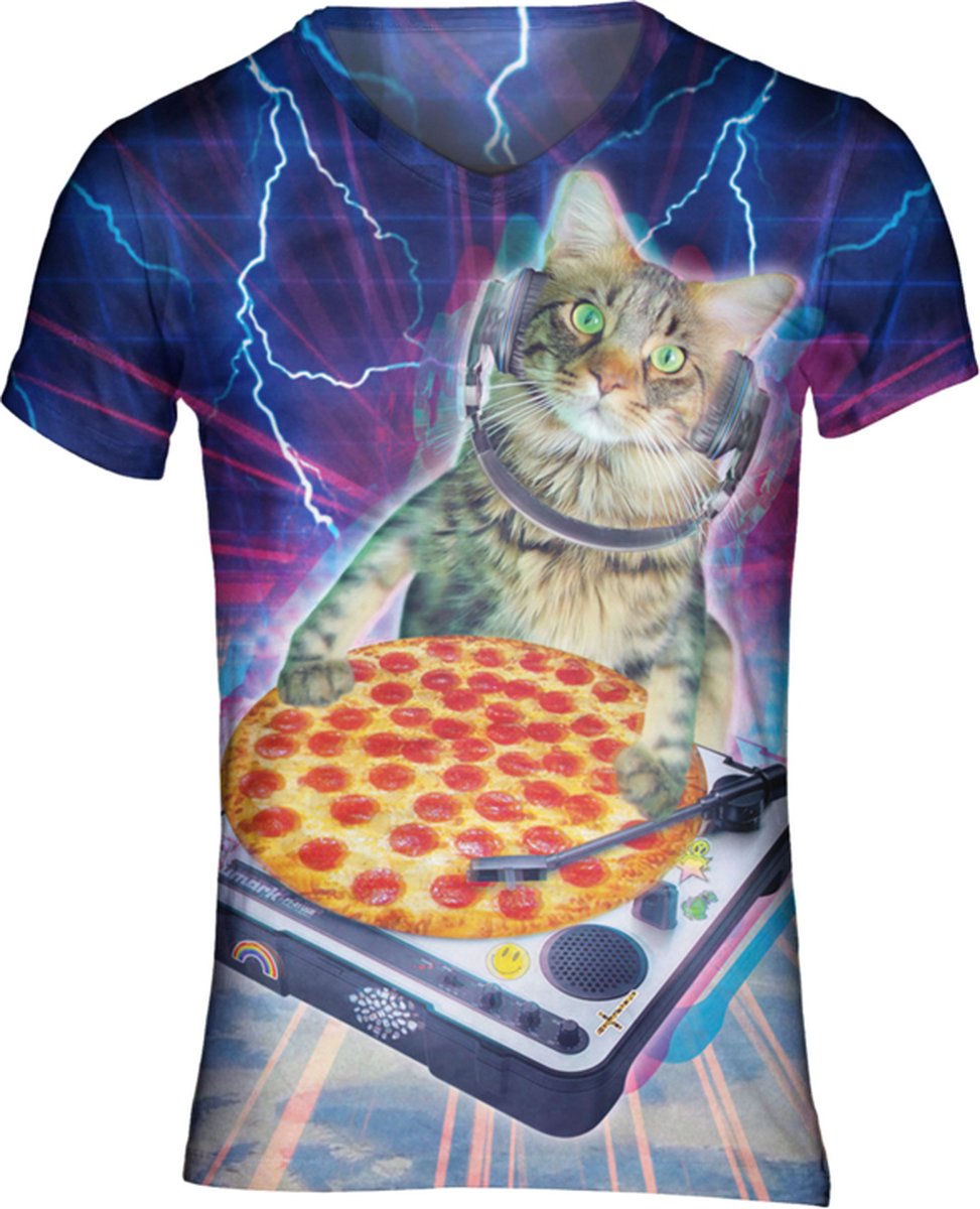 Pizza DJ Kat t-shirt Maat L V - hals - Festival shirt - Superfout - Fout T-shirt - Feestkleding - Festival outfit - Foute kleding - Kattenshirt - Kleding fout feest - Foute party kleding