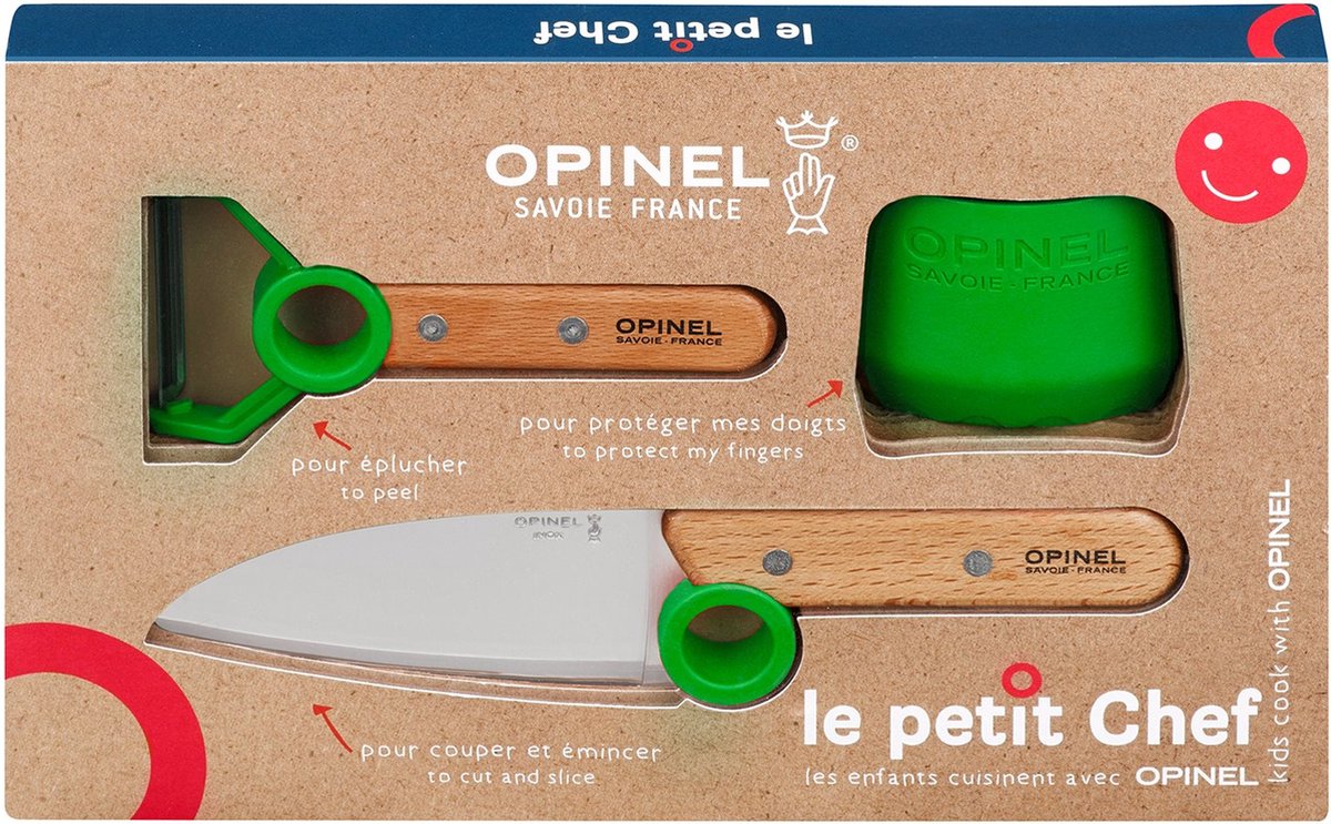 Opinel Le Petit Chef Kinderkeukensetje Groen - 3-delig - Koksmes Vingerbeschermer en Dunschiller