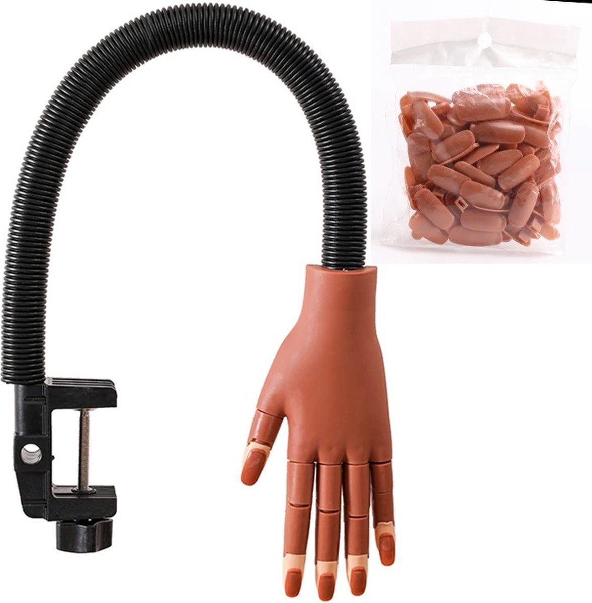 Goedkoopste Oefenhand voor nagels - gratis 100 stuks bruin kunstnagels - Nailtrainer hand - Vrouw Hand Gellak oefenhand-Acryl oefenhand - Nepnagels - Gelnagels - Manicure oefenhand - Flexible hand - Tafelklem - Nagelstudio - Nailart - Beginner oefenhand