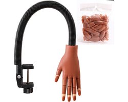 Oefenhand voor nagels - gratis 100 stuks bruin kunstnagels - Nailtrainer hand - Vrouw Hand Gellak oefenhand-Acryl oefenhand - Nepnagels - Gelnagels - Manicure oefenhand - Flexible hand - Tafelklem - Nagelstudio - Nailart - Beginner oefenhand
