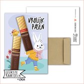 Kaartkadootje -> Merci Chocolade reepjes - No:13 (Vrolijk Pasen - Paashaas tilt Merci en kuiken) - LeuksteKaartjes.nl by xMar
