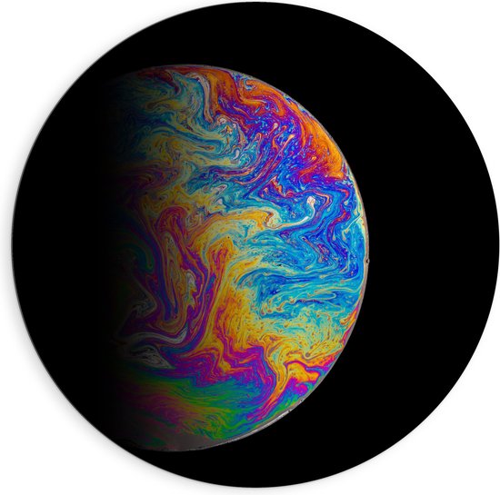 Dibond Muurcirkel - Wereldbol in Regenboog Kleuren - 90x90 cm Foto op Aluminium Muurcirkel (met ophangsysteem)