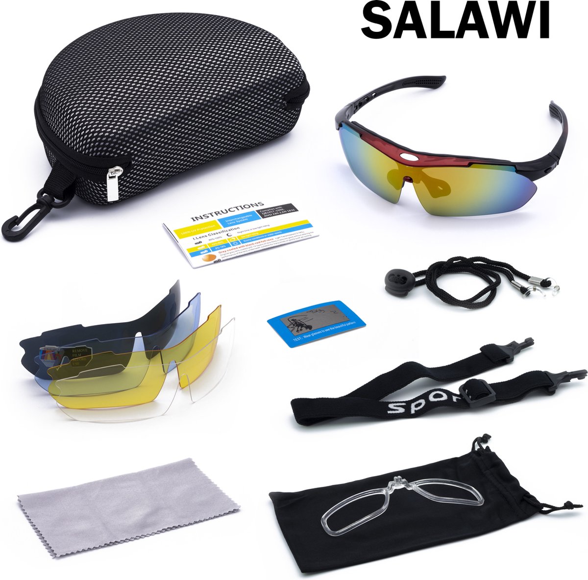 Salawi Rood - fietsbrillen heren – fietsbril dames – transparant - meerkleurig - 4 verwisselbare lenzen