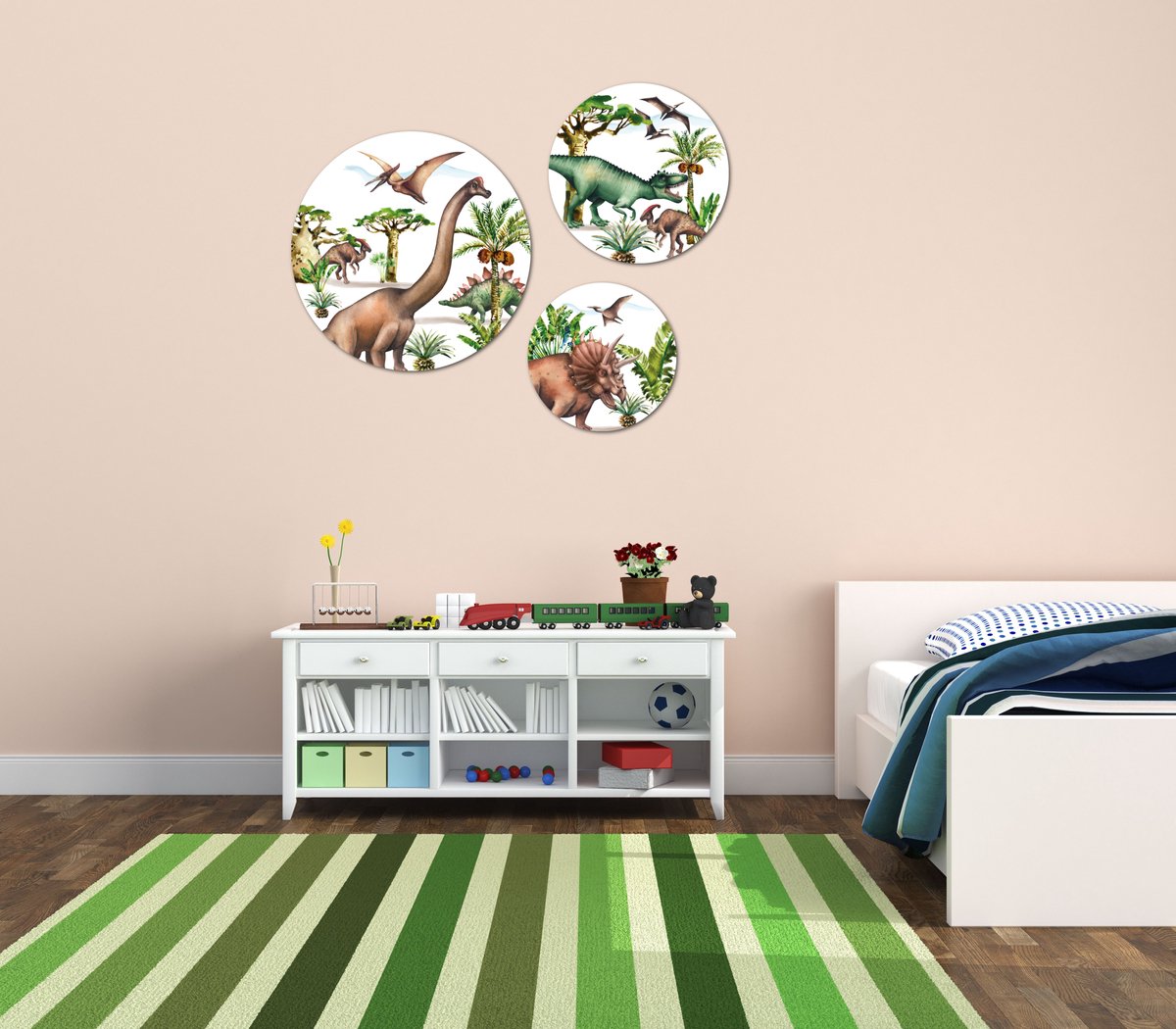 Muurcirkel / Wandcirkel stoere dinosaurus thema middelgroot - set van 3 muurcirkels + ophangsysteem - Decoratie kinderkamer / babykamer jongens & meisjes