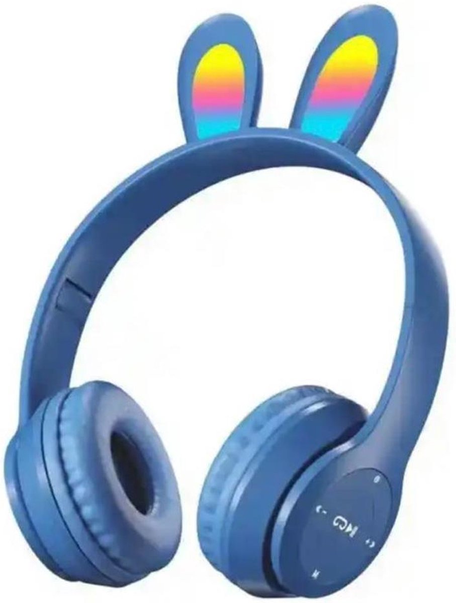 Kinder Hoofdtelefoon-Draadloze Koptelefoon-Kinder Headset-Over Ear-Bluetooth-Microfoon-Konijn Oorjtes-Led Verlichting-Opbergzak-Donker Blouw
