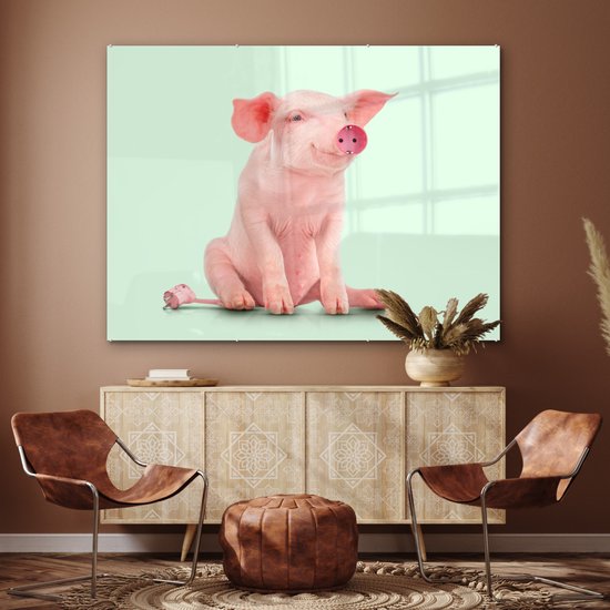 MuchoWow® Glasschilderij 160x120 cm - Schilderij acrylglas - Varken - Roze - Stopcontact - Dieren - Foto op glas - Schilderijen