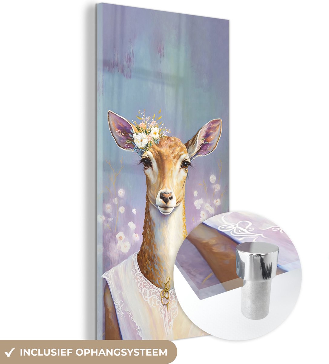 MuchoWow® Glasschilderij 20x40 cm - Schilderij acrylglas - Hert - Bloemen - Verf - Portret - Dieren - Foto op glas - Schilderijen