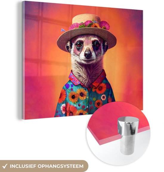 MuchoWow® Glasschilderij 40x30 cm - Schilderij acrylglas - Meerkat - Bloemen - Hoed - Dieren - Portret - Stokstaartje - Foto op glas - Schilderijen