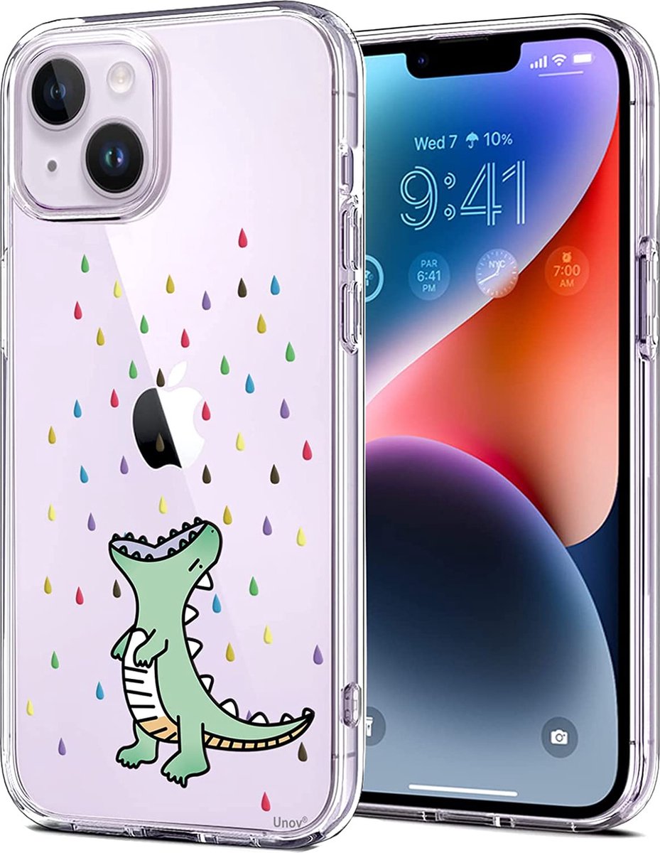 Hoesje Compatibel met iPhone 14 Hoesje Helder Transparant Slank Beschermhoes Zacht TPU Bumper Reliëfpatroon Schokabsorptie 6,1 inch (Rainbow Dinosaur)