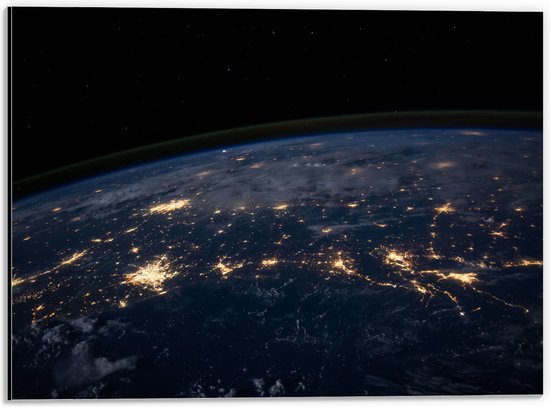 Dibond - Uitzicht op deel van de Aarde in het Donkere vanuit Heelal - 40x30 cm Foto op Aluminium (Wanddecoratie van metaal)