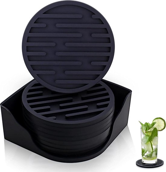 Dessous de Siliconen Lot de 8 sous-verres ronds en verre avec support Dessous de verre anti-dérapant anti-fuite pour la maison, le bar, le restaurant, la cuisine