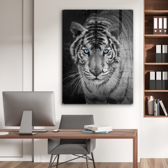 Peinture sur verre - Photo sur verre - Verre acrylique - Animaux - Tigre - Yeux - Blauw - 90x120 cm - Peinture sur verre tigre - Peinture sur verre noir et blanc - Décoration murale verre - Décoration murale animaux