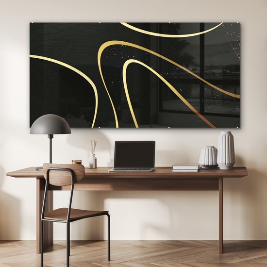 MuchoWow® Peinture sur verre 160x80 cm - Peinture sur verre acrylique - Vagues dorées sur fond noir - Photo sur verre - Peintures
