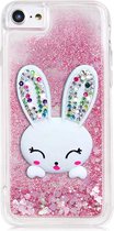 Voor iPhone 7 8 Glitter Liquid Case Roze met konijnenoren Mobiele telefoon Case Liquid Waterfall Kleurverloop Sterren Leuke 3D Cartoon Rabbit Stand Transparante siliconen bumper beschermhoes