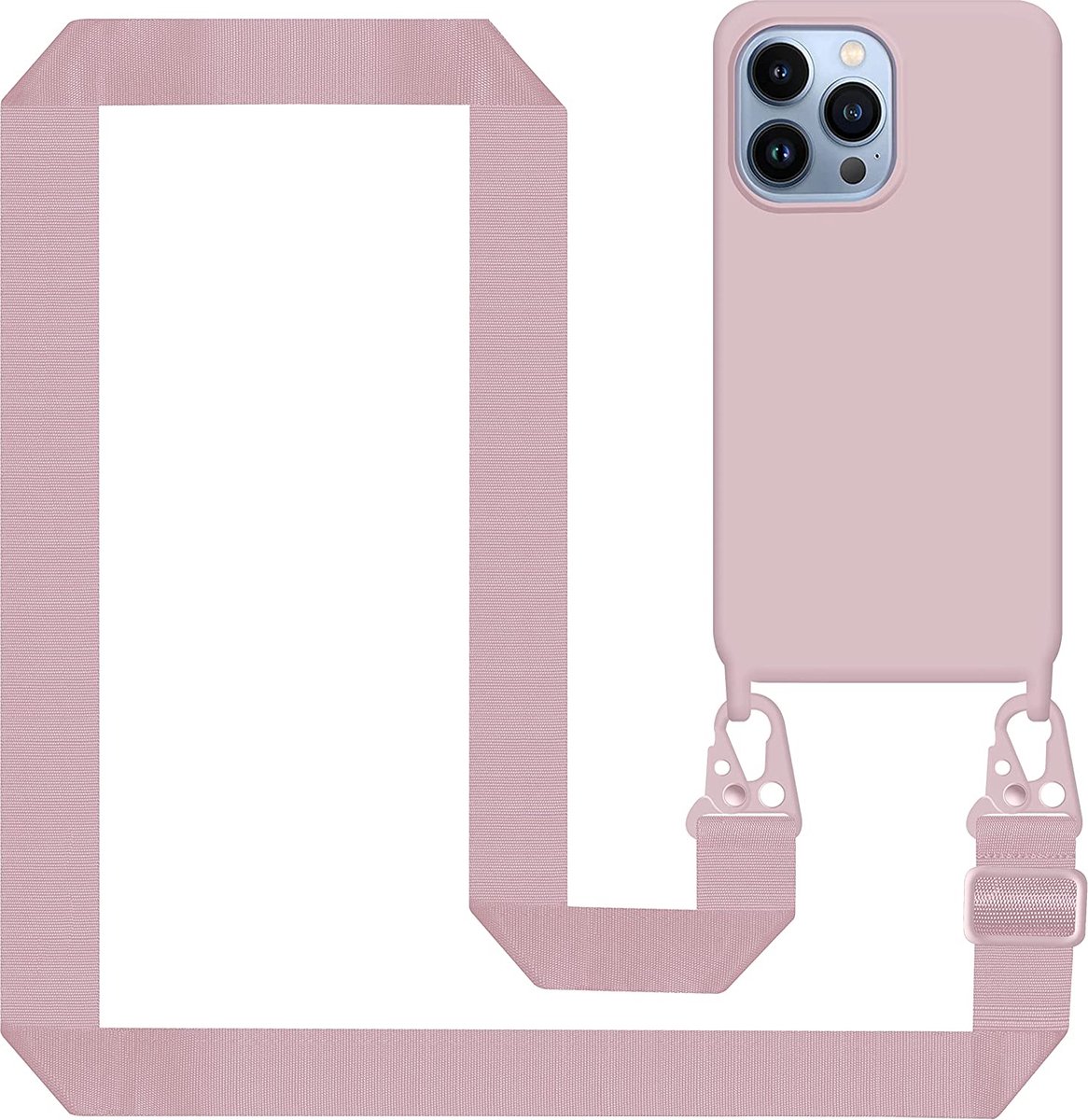 Generieke kettinghoes voor mobiele telefoon voor iPhone 12 Pro Max 6,7 inch, kettinghoes, nylon schouderriem, zachte siliconen mobiele telefoonhoes met koord om op te hangen, beschermhoes met stijlvolle riem, roze