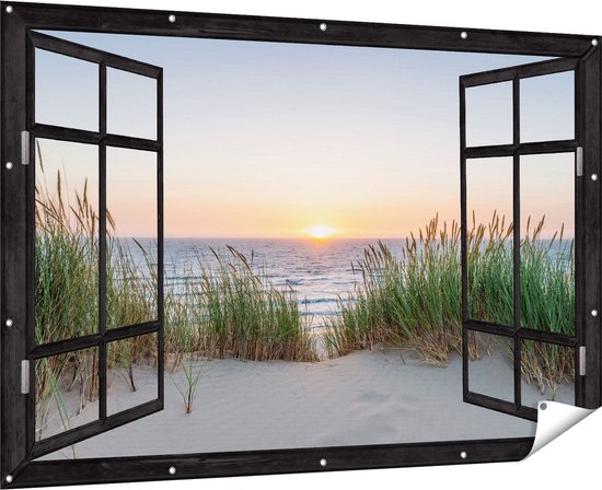 Gards Tuinposter Doorkijk Zee vanuit Duinen met Zonsondergang - 180x120 cm - Tuindoek - Tuindecoratie - Wanddecoratie buiten - Tuinschilderij