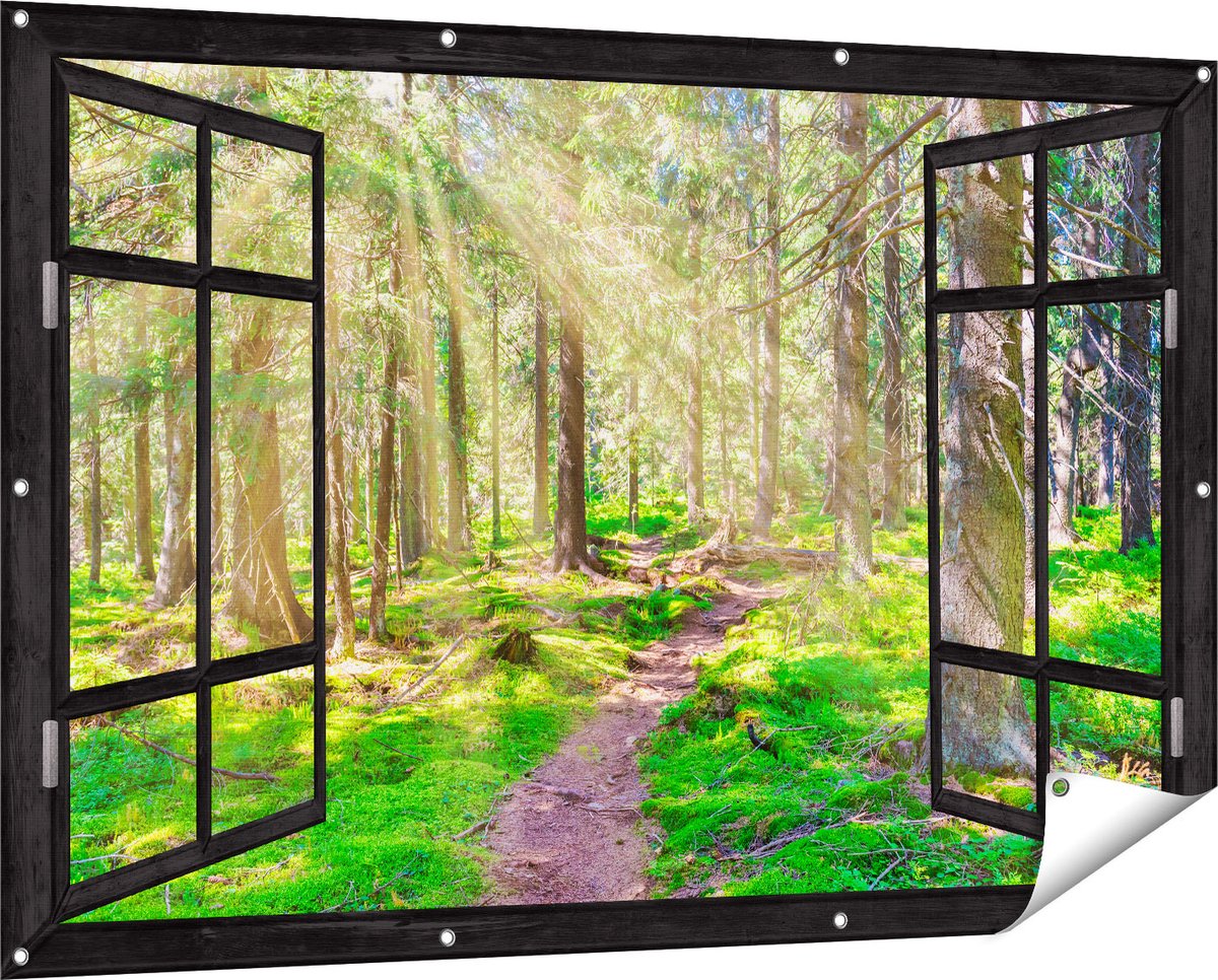 Gards Tuinposter Doorkijk Pad in Bos met Zon tussen de Bomen - 150x100 cm - Tuindoek - Tuindecoratie - Wanddecoratie buiten - Tuinschilderij Zwart