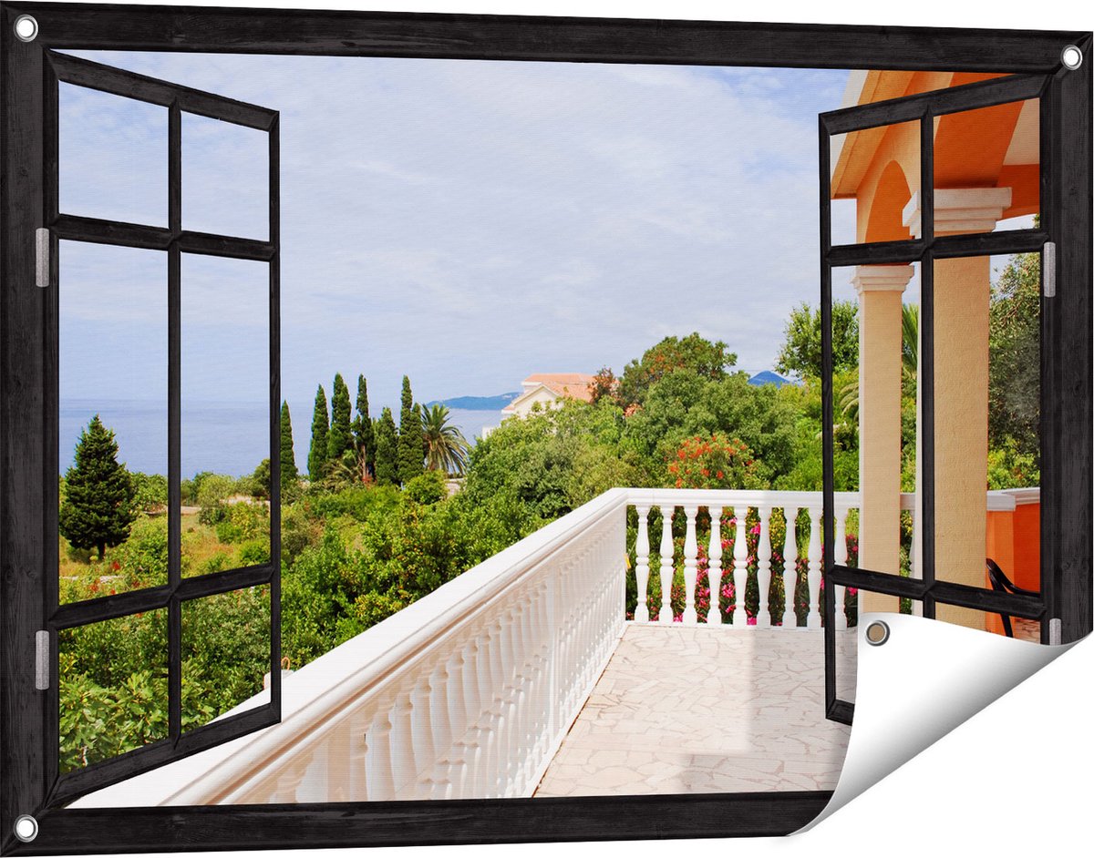 Gards Tuinposter Doorkijk Terras in Toscane - 90x60 cm - Tuindoek - Tuindecoratie - Wanddecoratie buiten - Tuinschilderij Zwart