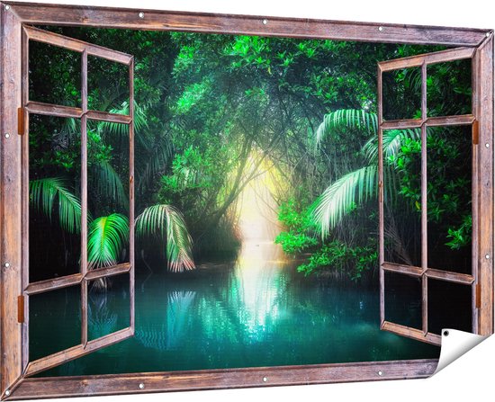 Gards Tuinposter Doorkijk Tropische Jungle met een Turquoise Meer - 180x120 cm - Tuindoek - Tuindecoratie - Wanddecoratie buiten - Tuinschilderij