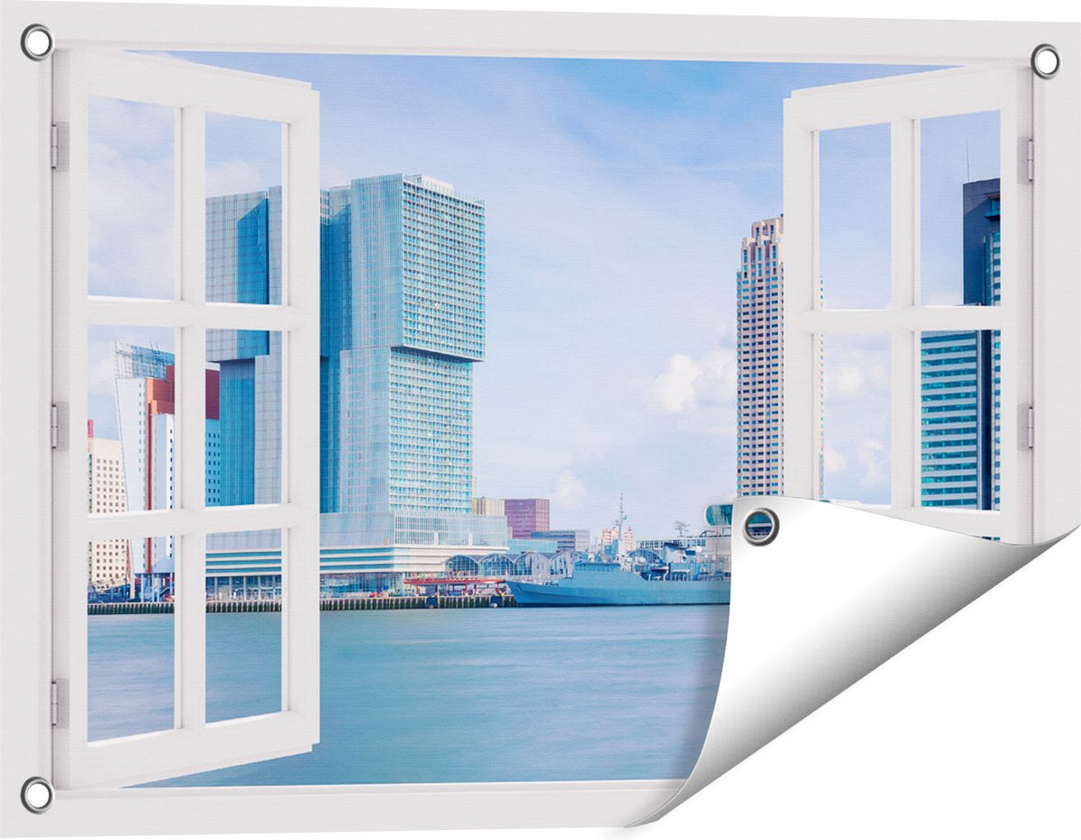Gards Tuinposter Doorkijk Rotterdamse Skyline aan het Water - 60x40 cm - Tuindoek - Tuindecoratie - Wanddecoratie buiten - Tuinschilderij Wit