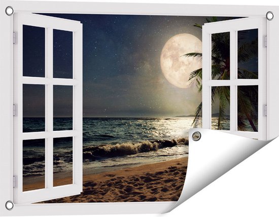 Gards Tuinposter Doorkijk Tropisch Strand in de Nacht met Volle Maan - 60x40 cm - Tuindoek - Tuindecoratie - Wanddecoratie buiten - Tuinschilderij