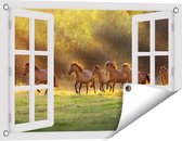 Gards Tuinposter Doorkijk Kudde Bruine Paarden in de Wei - 60x40 cm - Tuindoek - Tuindecoratie - Wanddecoratie buiten - Tuinschilderij