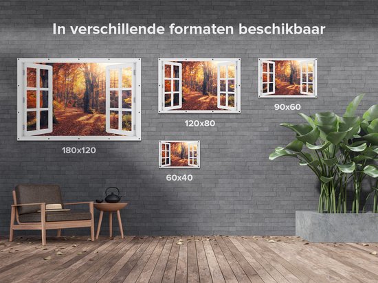 Affiche de jardin Gards transparente Forêt d'automne Oranje avec soleil - 180x120 cm - Toile de jardin - Décoration de jardin - Décoration murale extérieur - Tableau de jardin