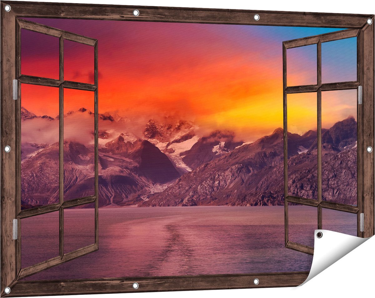 Gards Tuinposter Doorkijk Meer bij de Bergen bij Zonsondergang - 120x80 cm - Tuindoek - Tuindecoratie - Wanddecoratie buiten - Tuinschilderij Donker bruin