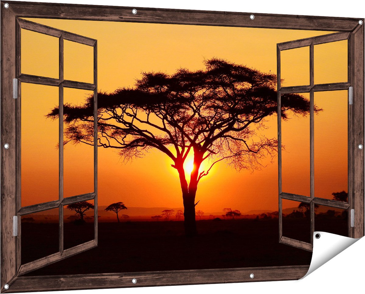Gards Tuinposter Doorkijk Zonsondergang Achter een Savanne Boom - 150x100 cm - Tuindoek - Tuindecoratie - Wanddecoratie buiten - Tuinschilderij donker bruin