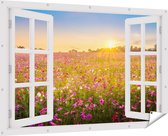 Gards Tuinposter Doorkijk Bloemenveld met Roze Kosmos - 180x120 cm - Tuindoek - Tuindecoratie - Wanddecoratie buiten - Tuinschilderij
