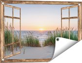 Gards Tuinposter Doorkijk Zee vanuit Duinen met Zonsondergang - 60x40 cm - Tuindoek - Tuindecoratie - Wanddecoratie buiten - Tuinschilderij