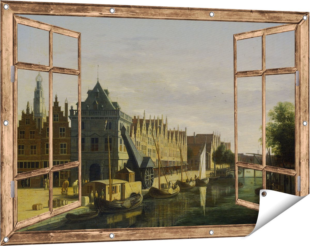 Gards Tuinposter Doorkijk De Waag en de Kraan aan het Spaarne te Haarlem - Gerrit Adriaensz Berckheyde - 120x80 cm - Tuindoek - Tuindecoratie - Wanddecoratie buiten - Tuinschilderij licht bruin