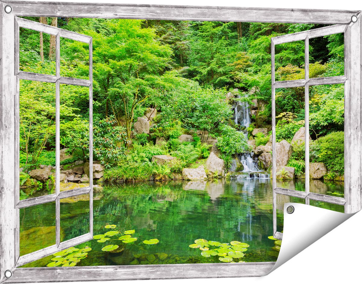 Gards Tuinposter Doorkijk Panorama van Japanse Tuin - 90x60 cm - Tuindoek - Tuindecoratie - Wanddecoratie buiten - Tuinschilderij Grijs
