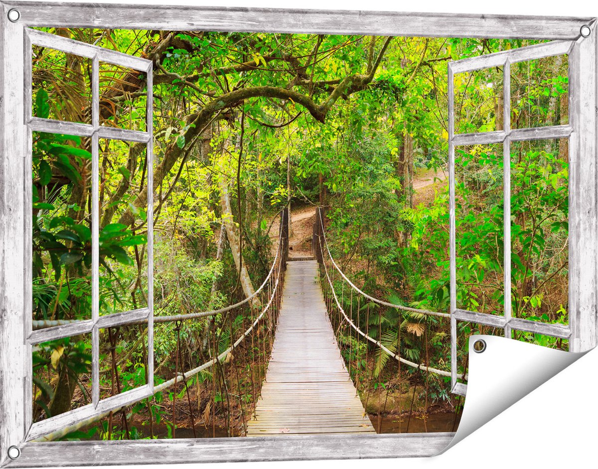 Gards Tuinposter Doorkijk Hangbrug - 90x60 cm - Tuindoek - Tuindecoratie - Wanddecoratie buiten - Tuinschilderij Grijs