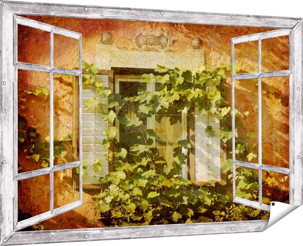 Gards Tuinposter Doorkijk Raam met Luiken - 180x120 cm - Tuindoek - Tuindecoratie - Wanddecoratie buiten - Tuinschilderij Multikleur