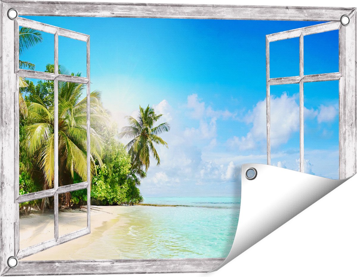 Gards Tuinposter Doorkijk Tropisch Strand bij de Licht Blauwe Zee - 60x40 cm - Tuindoek - Tuindecoratie - Wanddecoratie buiten - Tuinschilderij Grijs