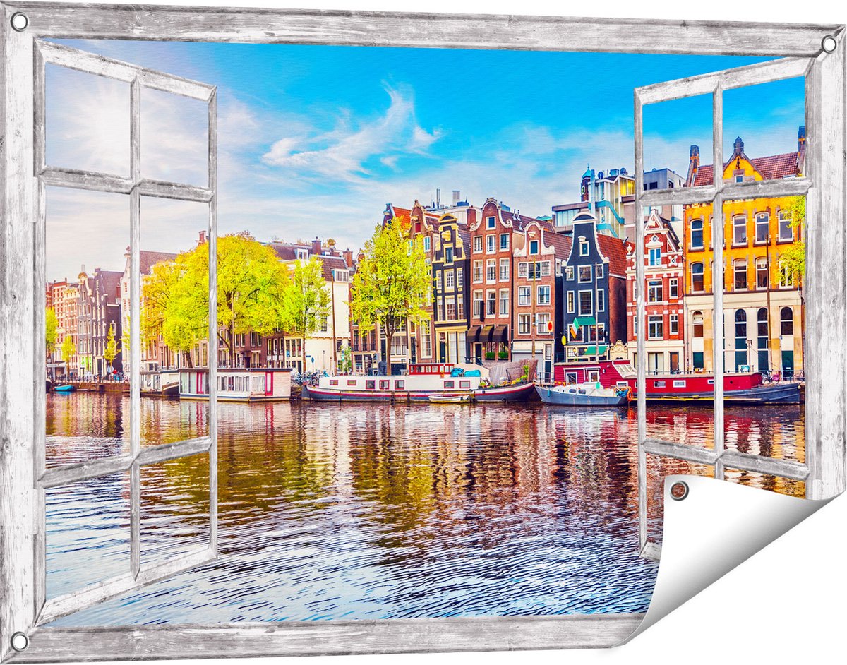 Gards Tuinposter Doorkijk Amsterdamse Huisjes aan het Water - 90x60 cm - Tuindoek - Tuindecoratie - Wanddecoratie buiten - Tuinschilderij grijs